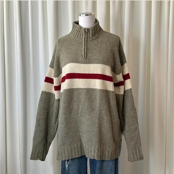 GAP Olive Green, Cream & Burgundy Half-Zip Stripe Sweater - Picture 4 of 8